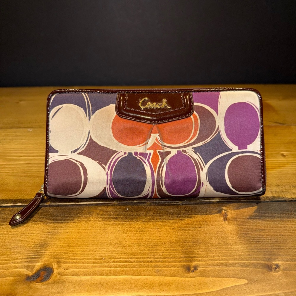 Coach Ashley Scarf Print Satin Zip Around Wallet Purple Orange Patent Leather